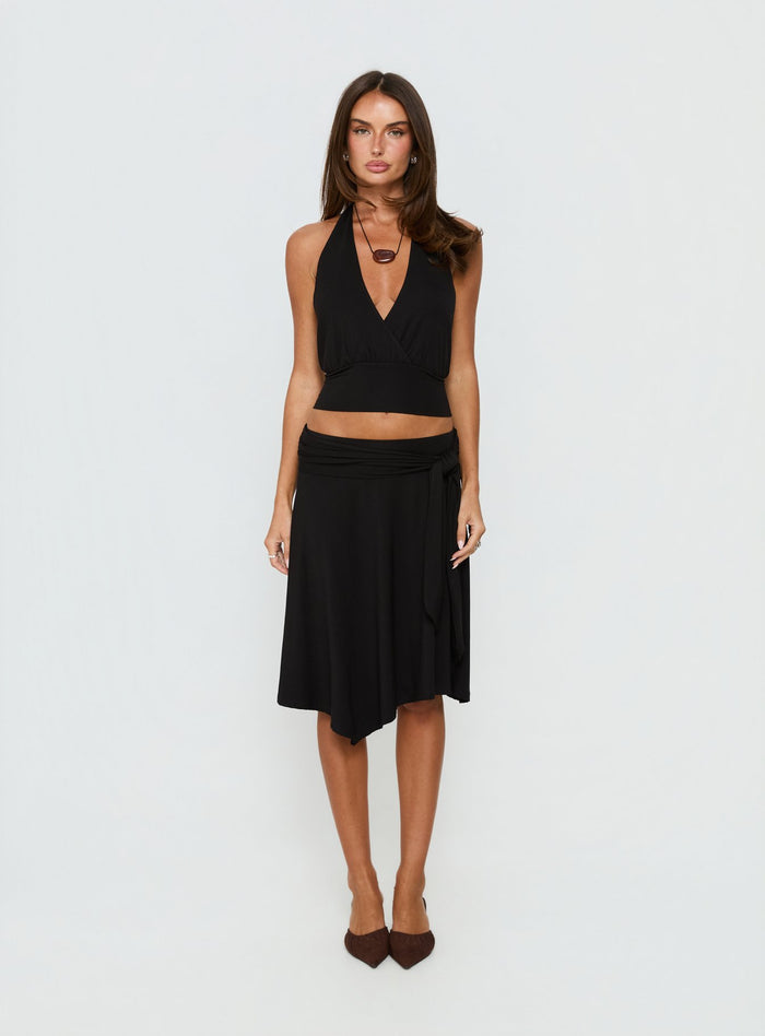 Soft Focus Tie Waist Midi Skirt Black
