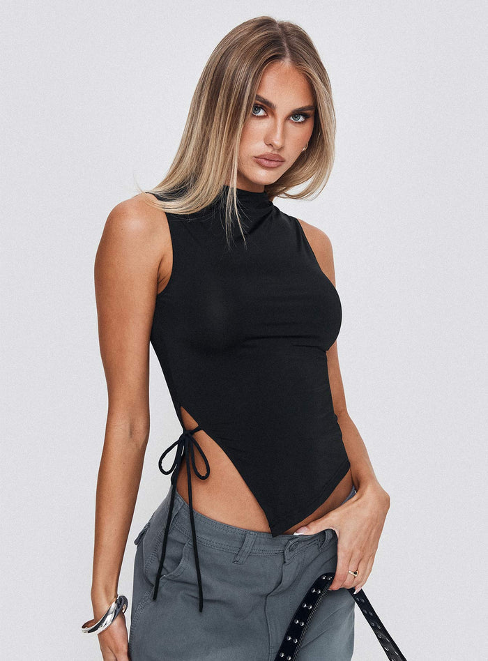 side view of model wearing Princess Polly Solarah Tie Side Top Black Sleeveless High Neck