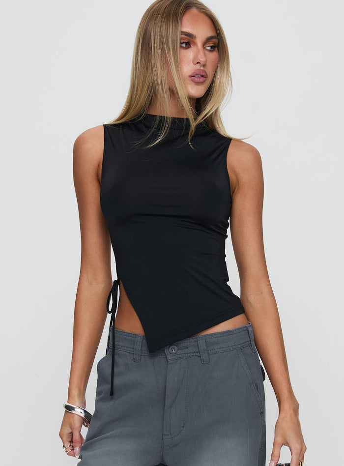 front view of model wearing Princess Polly Solarah Tie Side Top Black Sleeveless High Neck