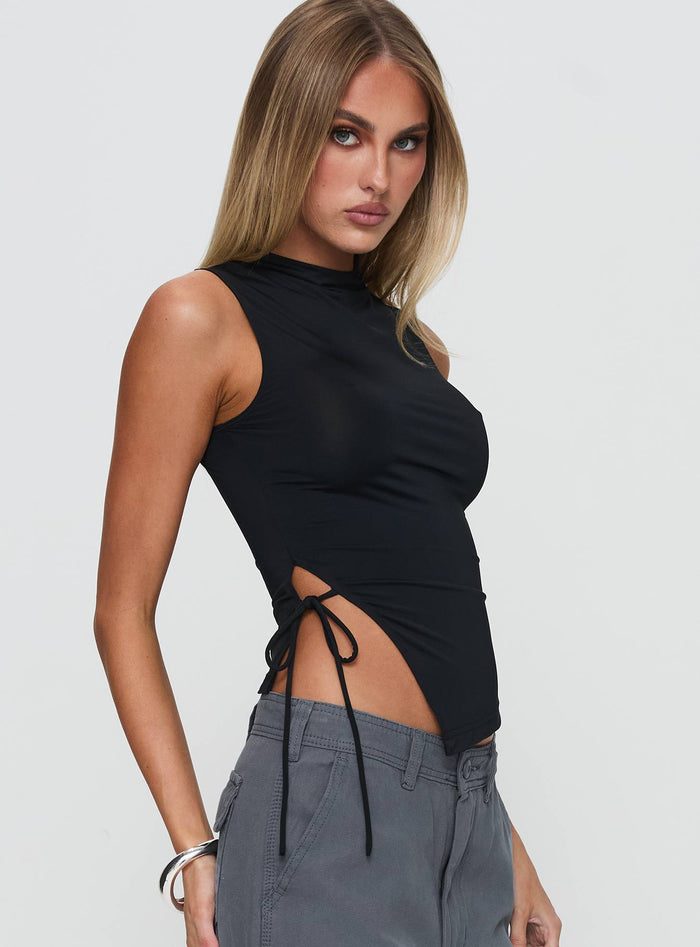 side view of model wearing Princess Polly Solarah Tie Side Top Black Sleeveless High Neck