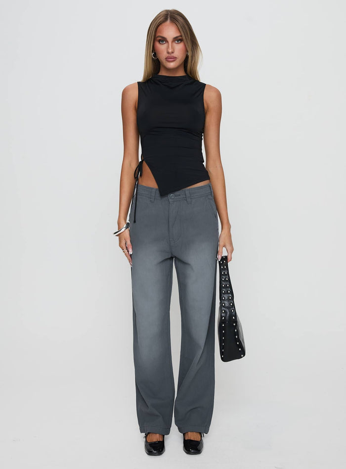 front view of model wearing Princess Polly Solarah Tie Side Top Black Sleeveless High Neck