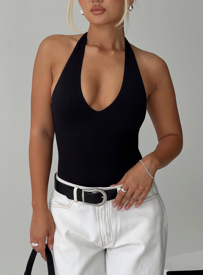 Someone New Halter Bodysuit Black Sleeveless Bodysuit