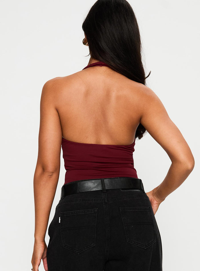back view of model wearing Princess Polly Someone New Halter Bodysuit Burgundy Sleeveless