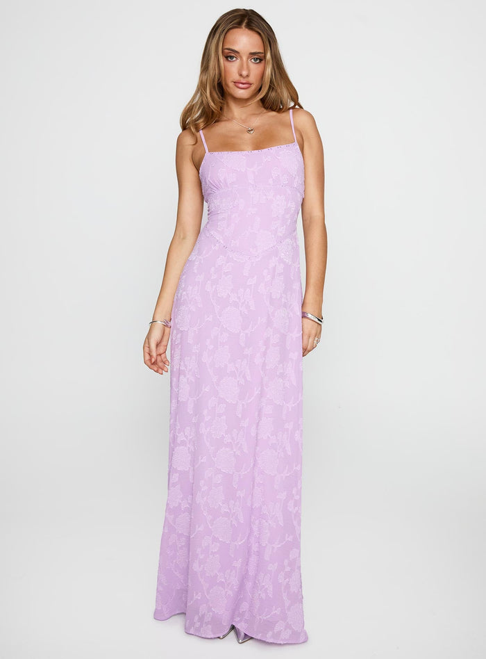 front view of model wearing Princess Polly South Of France Maxi Dress Lilac Square Neck