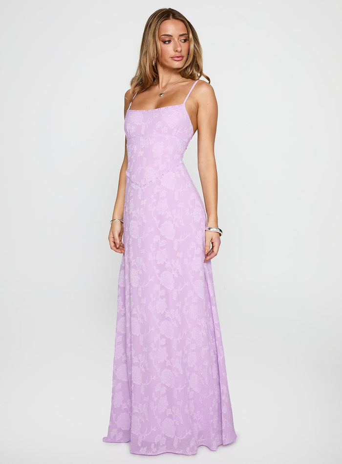 side view of model wearing Princess Polly South Of France Maxi Dress Lilac Square Neck