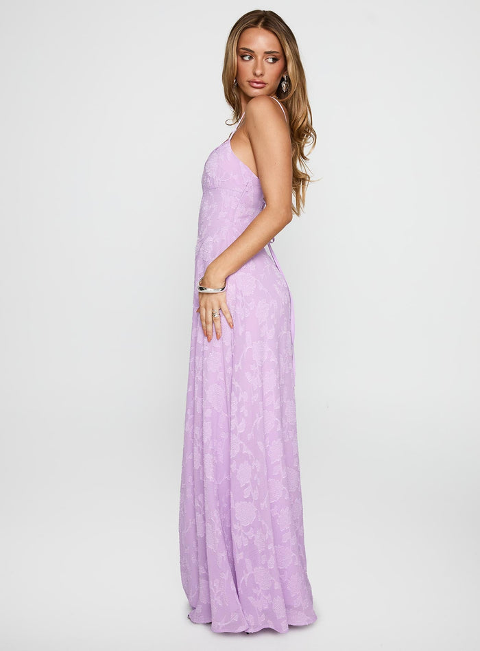 side view of model wearing Princess Polly South Of France Maxi Dress Lilac Square Neck