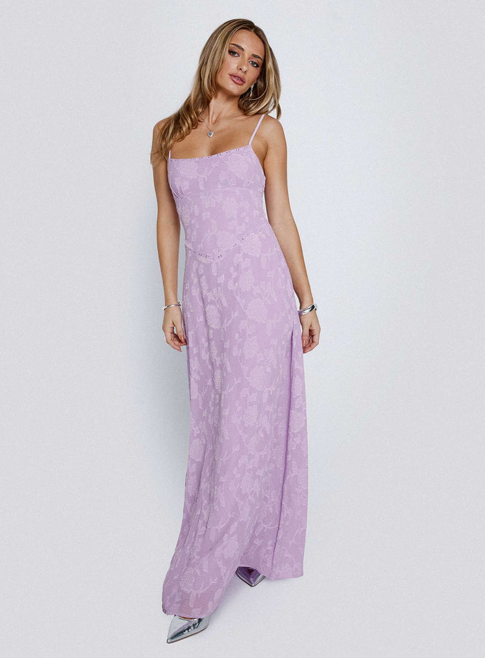 front view of model wearing Princess Polly South Of France Maxi Dress Lilac Square Neck