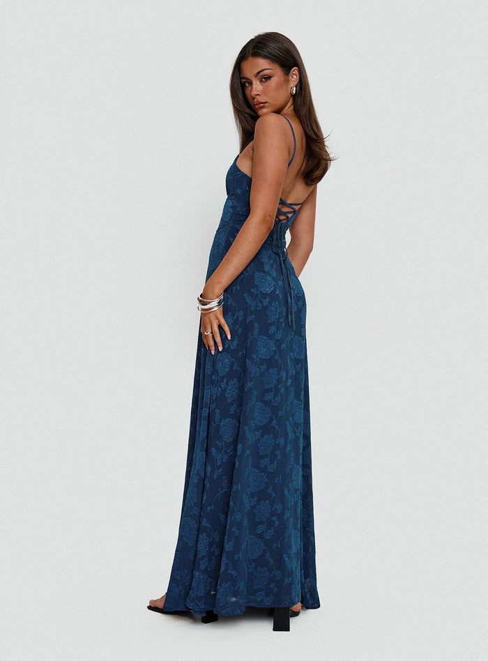 back view of model wearing Princess Polly South Of France Maxi Dress Navy Square Neck