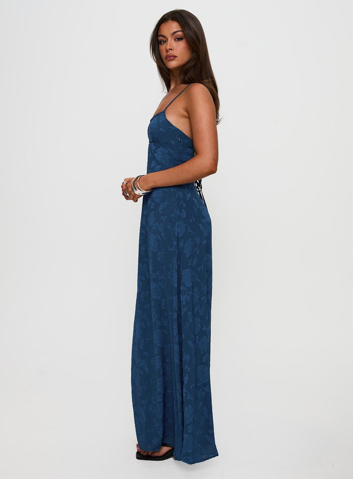 side view of model wearing Princess Polly South Of France Maxi Dress Navy Square Neck