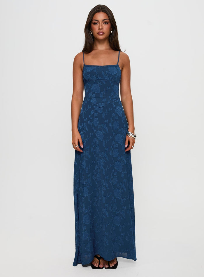 front view of model wearing Princess Polly South Of France Maxi Dress Navy Square Neck
