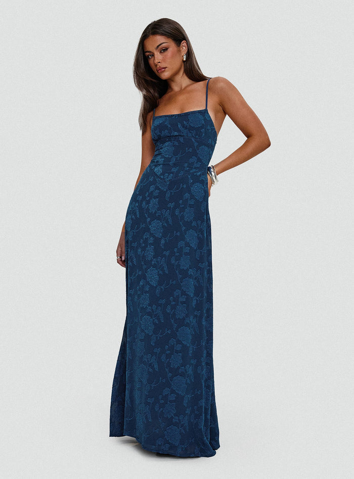 front view of model wearing Princess Polly South Of France Maxi Dress Navy Square Neck
