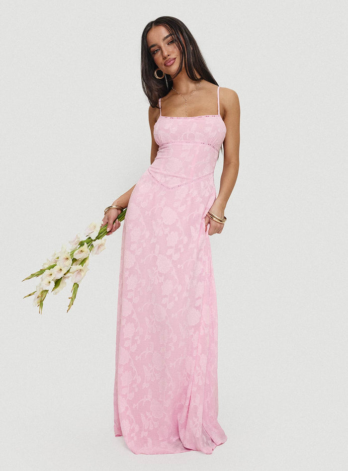 front view of model wearing Princess Polly South Of France Maxi Dress Pink Square Neck