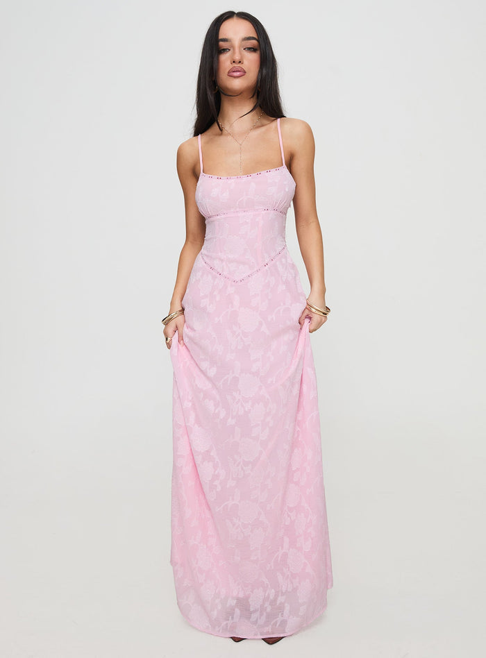 front view of model wearing Princess Polly South Of France Maxi Dress Pink Square Neck