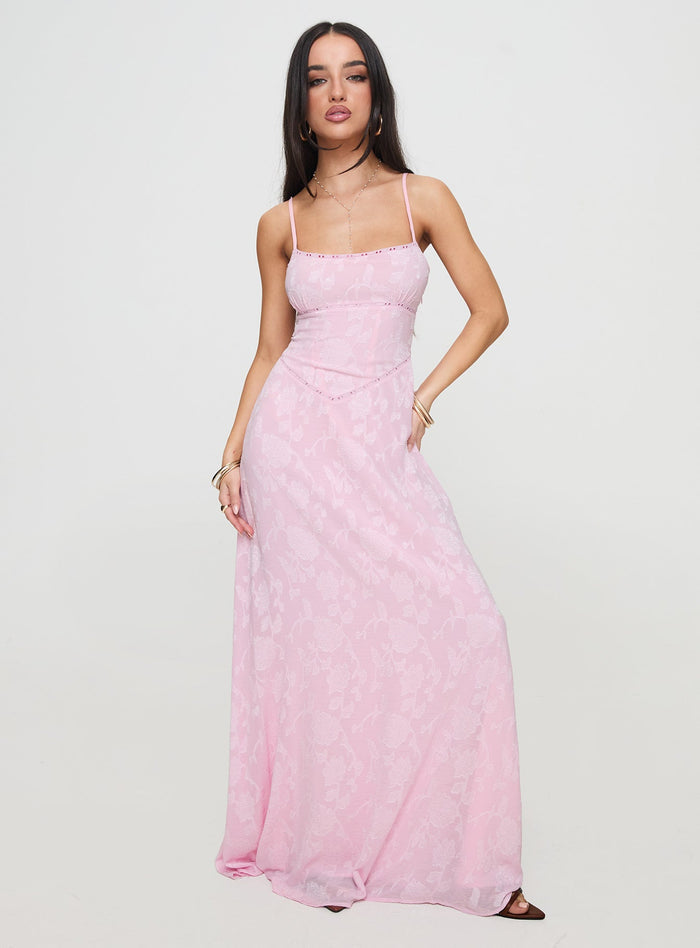 front view of model wearing Princess Polly South Of France Maxi Dress Pink Square Neck