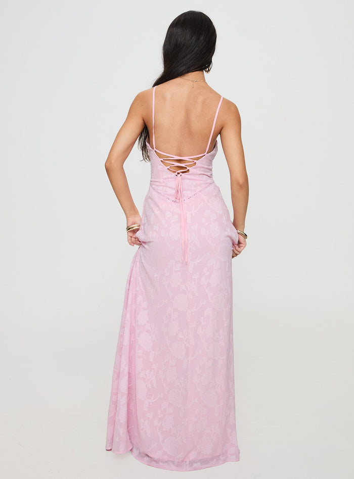 back view of model wearing Princess Polly South Of France Maxi Dress Pink Square Neck