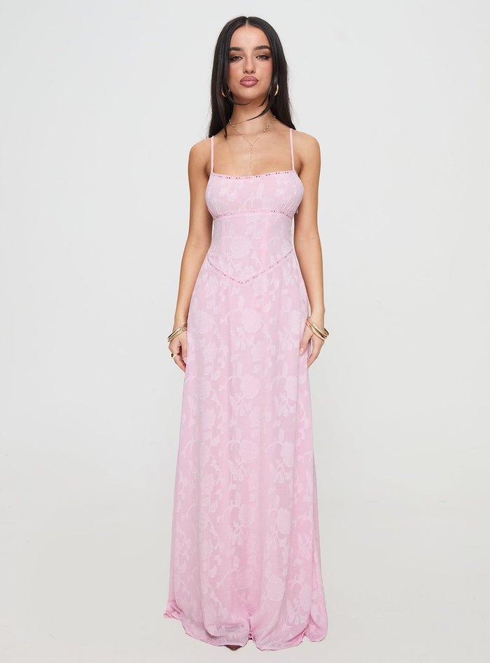 front view of model wearing Princess Polly South Of France Maxi Dress Pink Square Neck