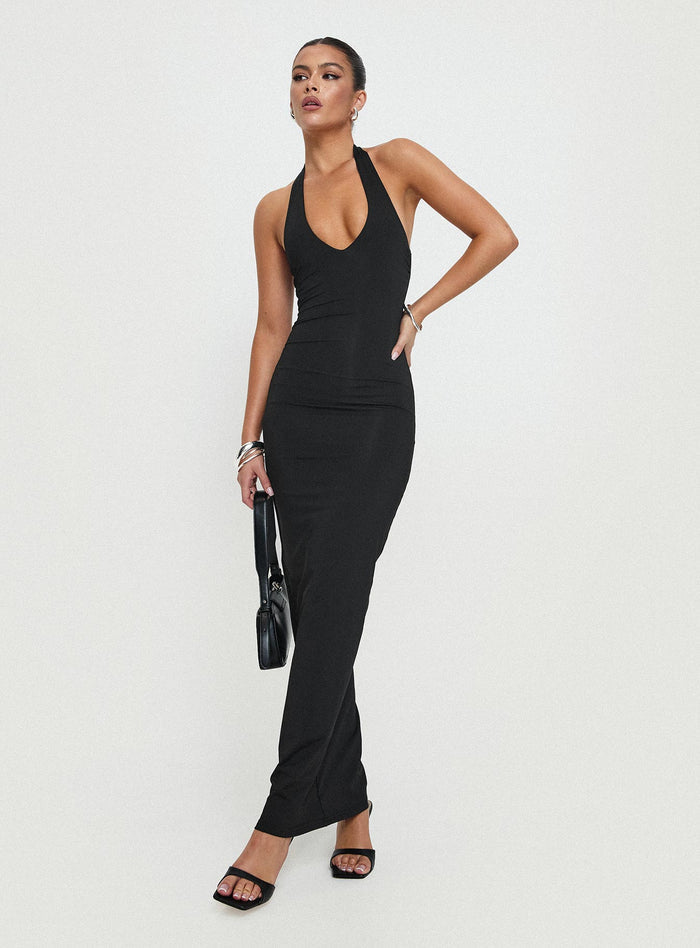 front view of model wearing Princess Polly Spicy Maxi Dress Black Plunger
