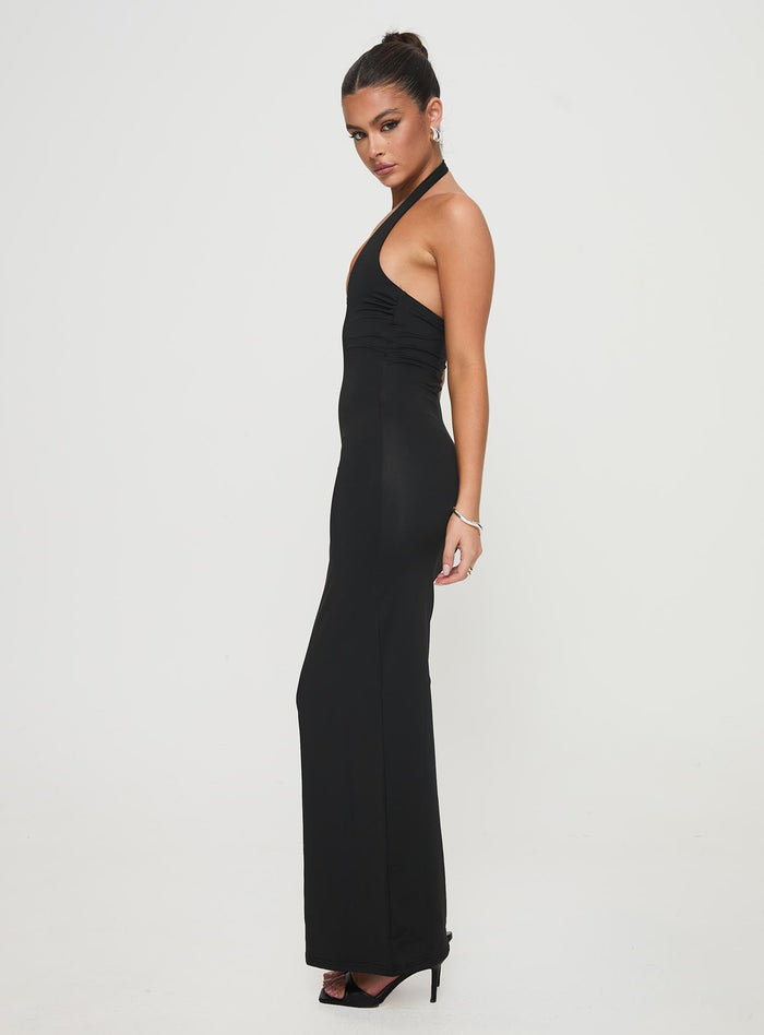 side view of model wearing Princess Polly Spicy Maxi Dress Black Plunger