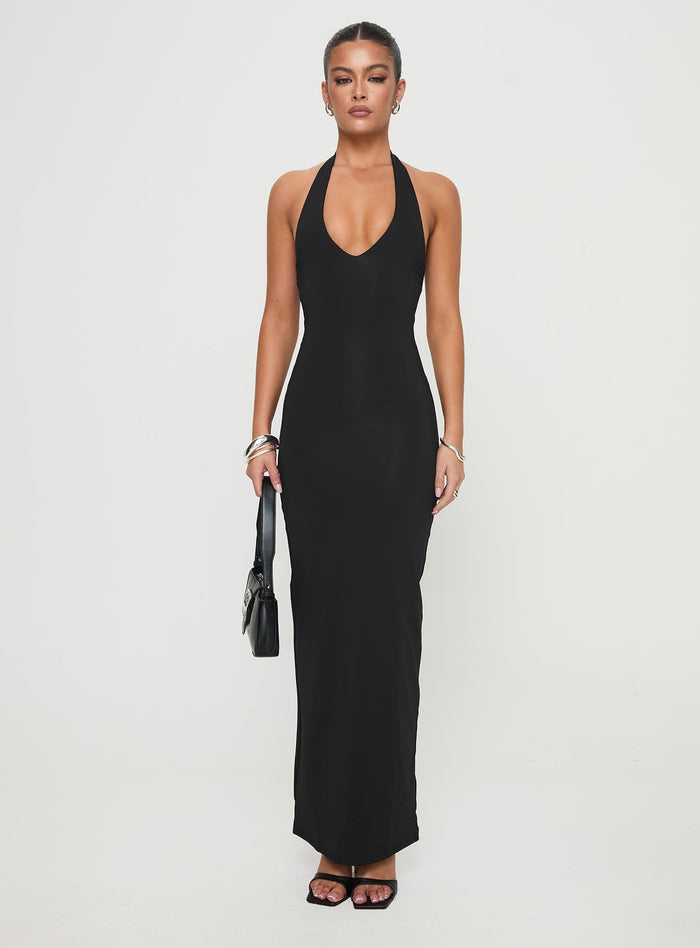front view of model wearing Princess Polly Spicy Maxi Dress Black Plunger