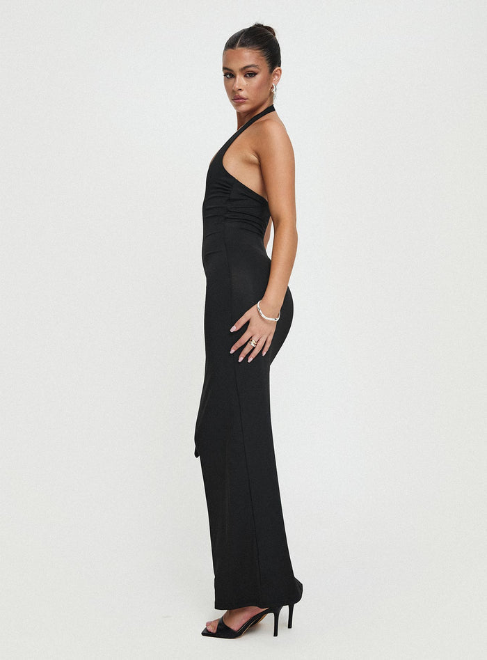side view of model wearing Princess Polly Spicy Maxi Dress Black Plunger