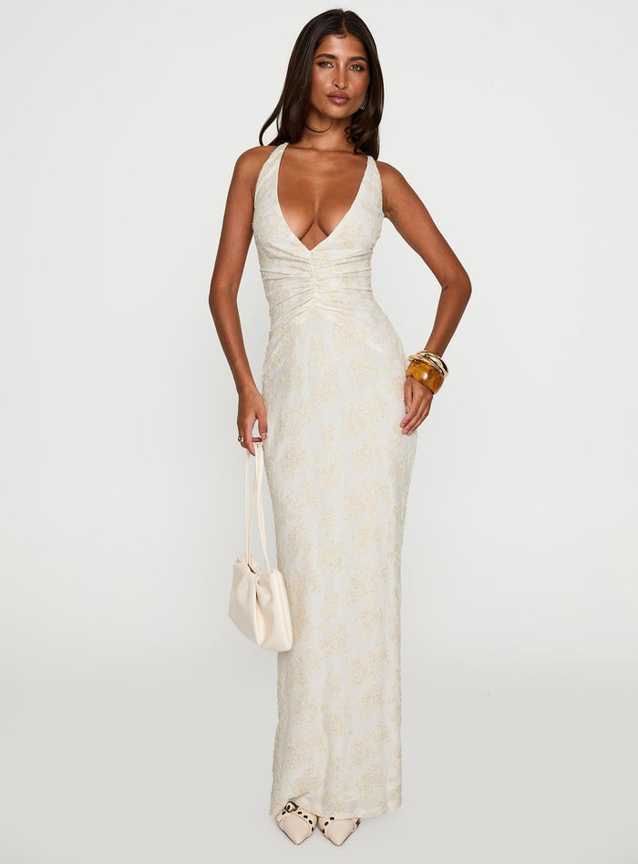 front view of model wearing Princess Polly Starcrossed Halter Maxi Dress Cream Plunger