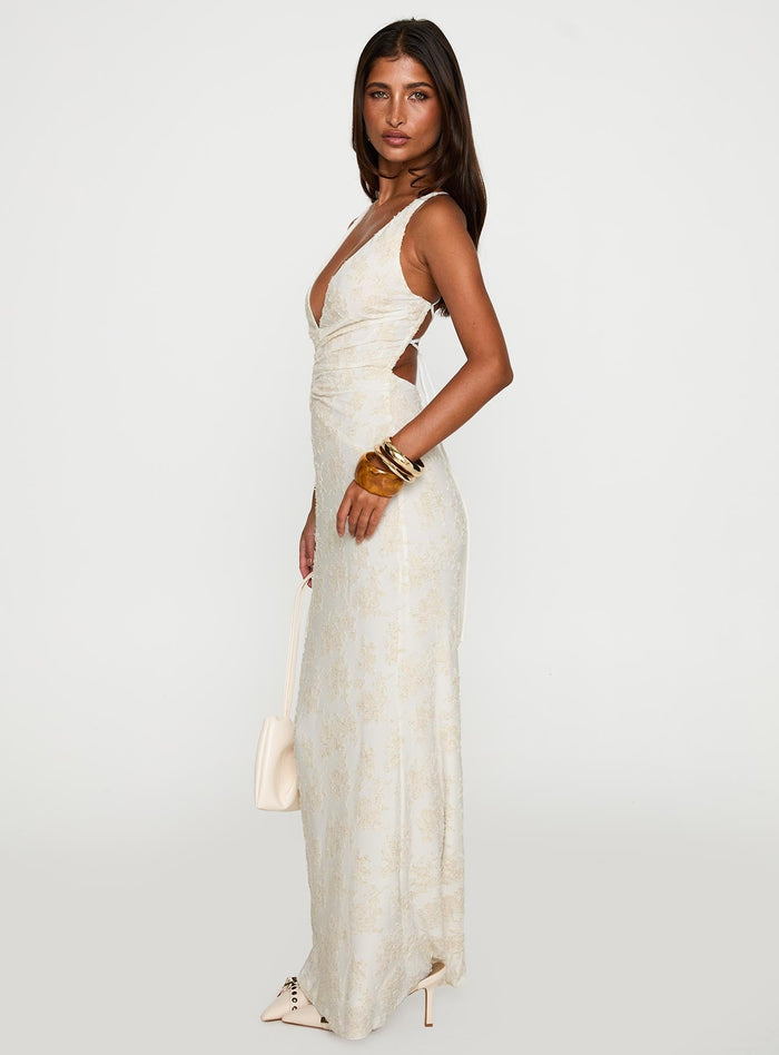 side view of model wearing Princess Polly Starcrossed Halter Maxi Dress Cream Plunger