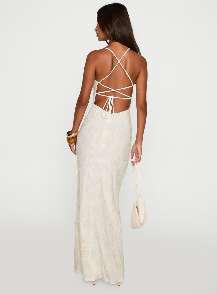 back view of model wearing Princess Polly Starcrossed Halter Maxi Dress Cream Plunger