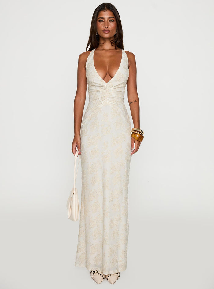 front view of model wearing Princess Polly Starcrossed Halter Maxi Dress Cream Plunger