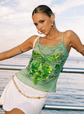 side view of model wearing Princess Polly Start Of Summer Sequin Top Green Sleeveless Scoop Neck