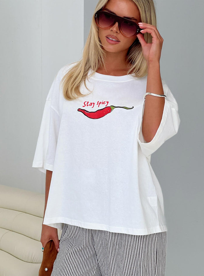 back view of model wearing Princess Polly Stay Spicy Graphic Top White Half Sleeves Crew Neck
