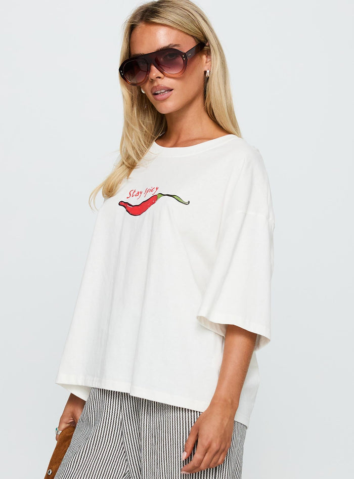 side view of model wearing Princess Polly Stay Spicy Graphic Top White Half Sleeves Crew Neck