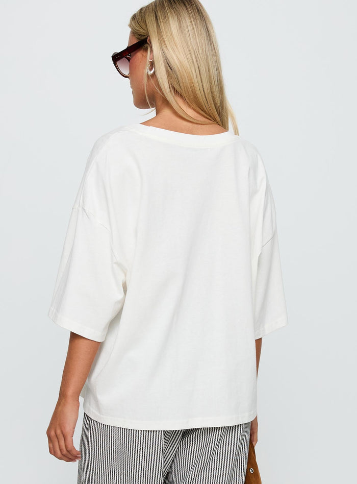 back view of model wearing Princess Polly Stay Spicy Graphic Top White Half Sleeves Crew Neck
