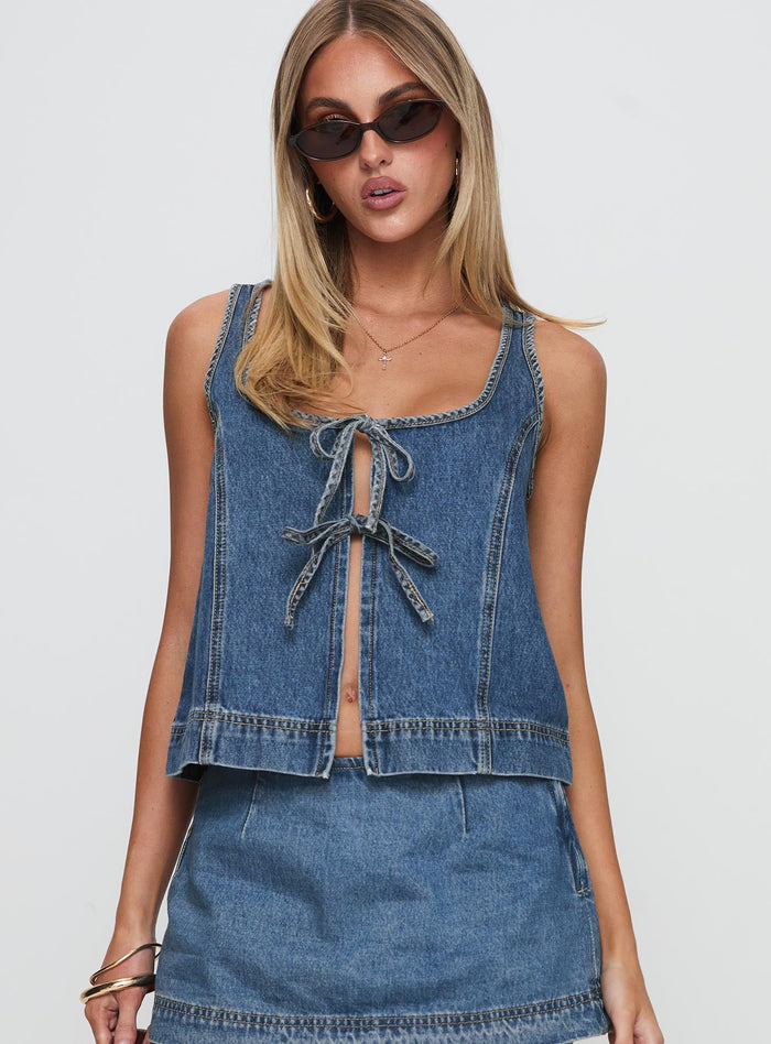 front view of model wearing Princess Polly Stefenie Denim Tie Top Mid Wash Sleeveless Square Neck