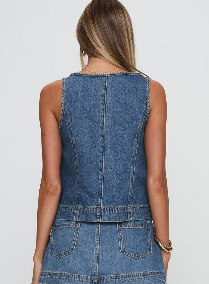 back view of model wearing Princess Polly Stefenie Denim Tie Top Mid Wash Sleeveless Square Neck