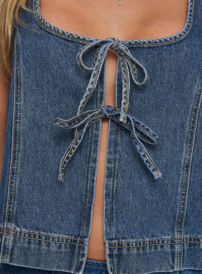 product Princess Polly Stefenie Denim Tie Top Mid Wash Sleeveless Square Neck