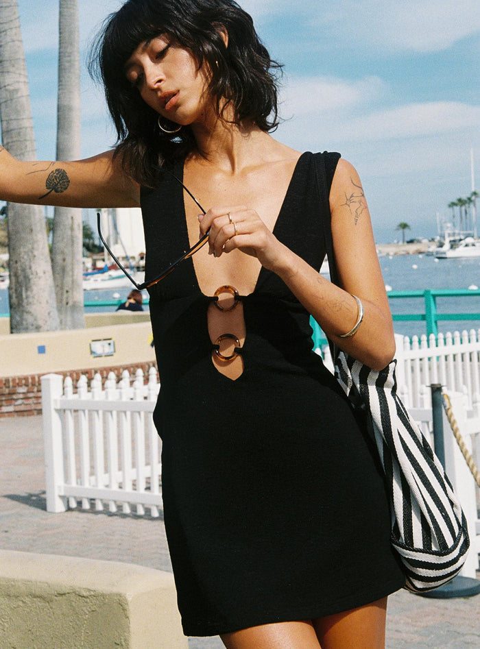 front view of model wearing Princess Polly Steward Halter Mini Dress Black Plunger