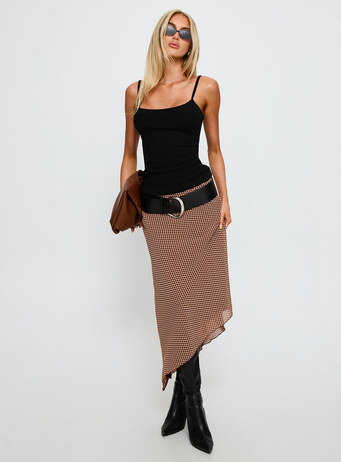 front view of model wearing Princess Polly Suella Asymmetrical Midi Skirt Brown Polka Dot Midi Skirts