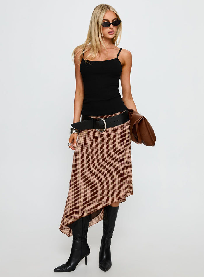 front view of model wearing Princess Polly Suella Asymmetrical Midi Skirt Brown Polka Dot Midi Skirts