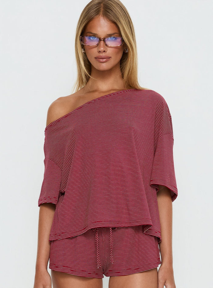 Sugar Surge Off Shoulder Sleep Top Cherry Stripe