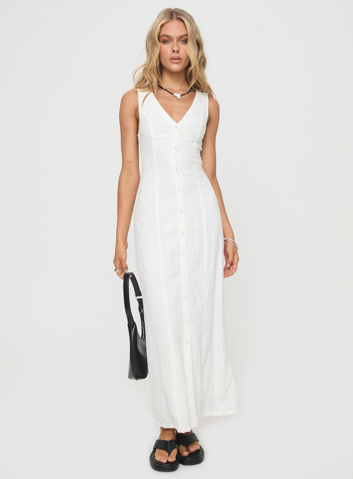 front view of model wearing Princess Polly Summer Season Linen Blend Maxi Dress White V-Neck