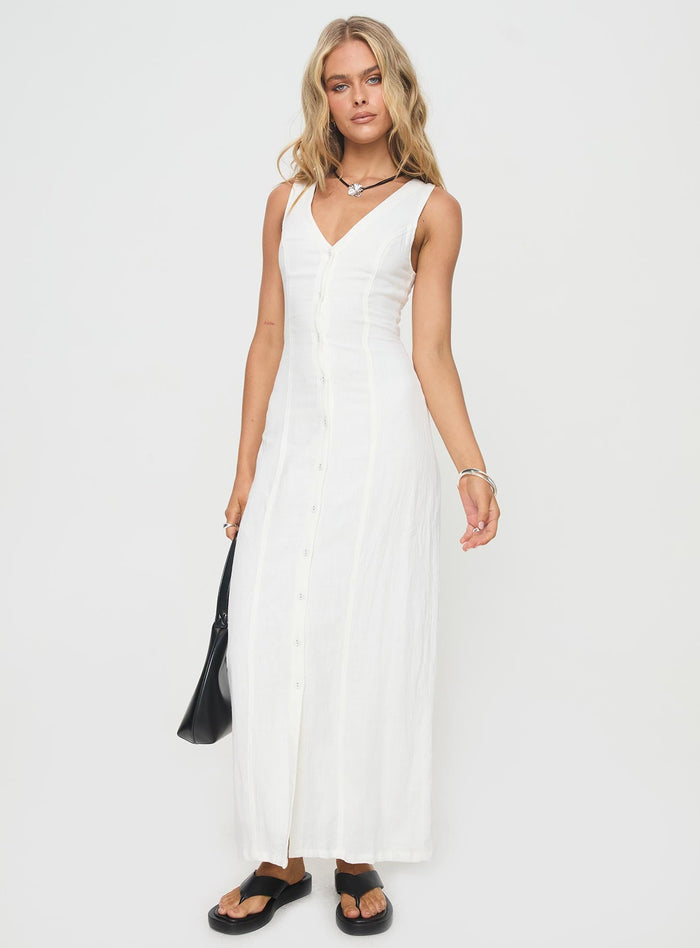 side view of model wearing Princess Polly Summer Season Linen Blend Maxi Dress White V-Neck