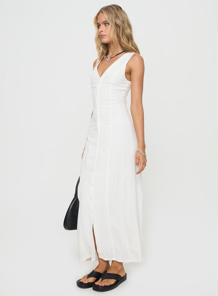 side view of model wearing Princess Polly Summer Season Linen Blend Maxi Dress White V-Neck