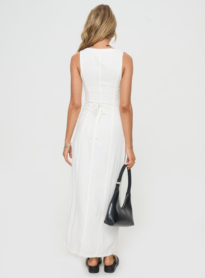 back view of model wearing Princess Polly Summer Season Linen Blend Maxi Dress White V-Neck