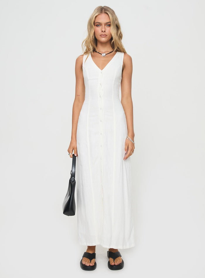 side view of model wearing Princess Polly Summer Season Linen Blend Maxi Dress White V-Neck