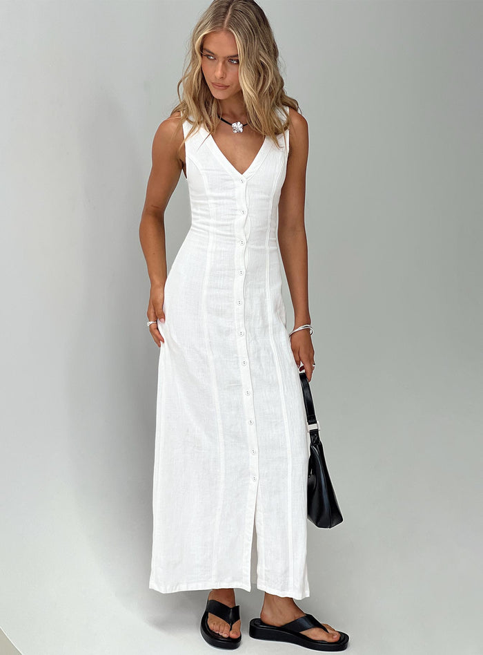 front view of model wearing Princess Polly Summer Season Linen Blend Maxi Dress White V-Neck