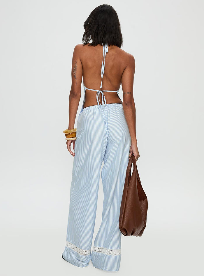 back view of model wearing Princess Polly Summer Too Hot Pant Blue Stripe High Waisted Pants