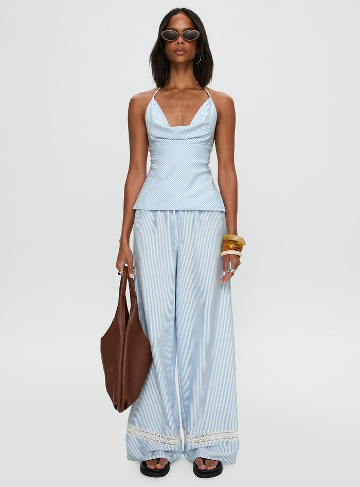 front view of model wearing Princess Polly Summer Too Hot Pant Blue Stripe High Waisted Pants