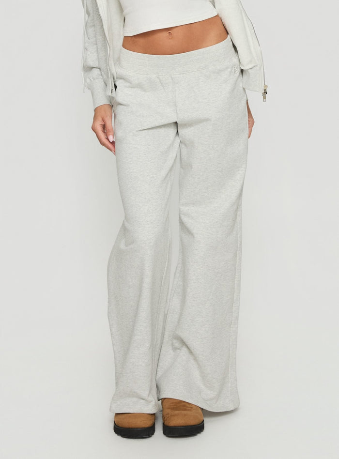 front view of model wearing Princess Polly Summits Flared Track Pants Grey Marle Mid Rise Pants