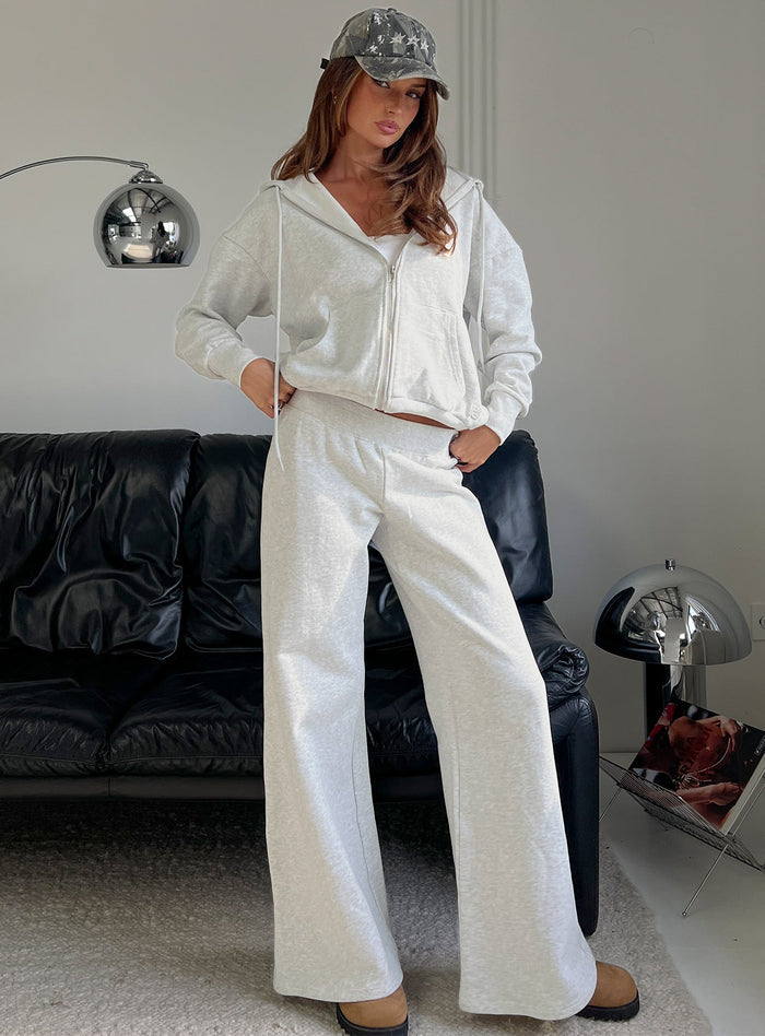 front view of model wearing Princess Polly Summits Flared Track Pants Grey Marle Mid Rise Pants