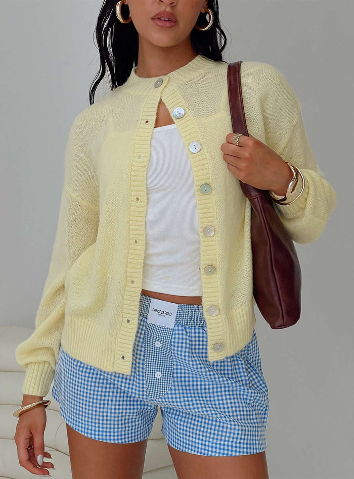 front view of model wearing Princess Polly Sunbeam Cardigan Yellow Long